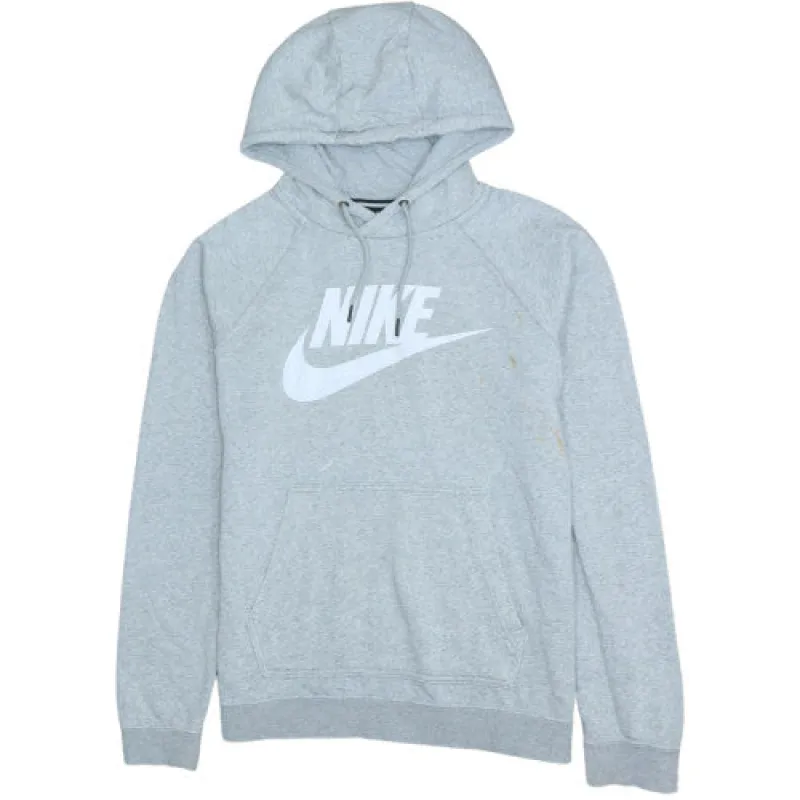 Nike Light Grey Hoodie Men's Small Printed Swoosh Logo Kangaroo Pocket Pullover Sweatshirt sold by Vintage Club