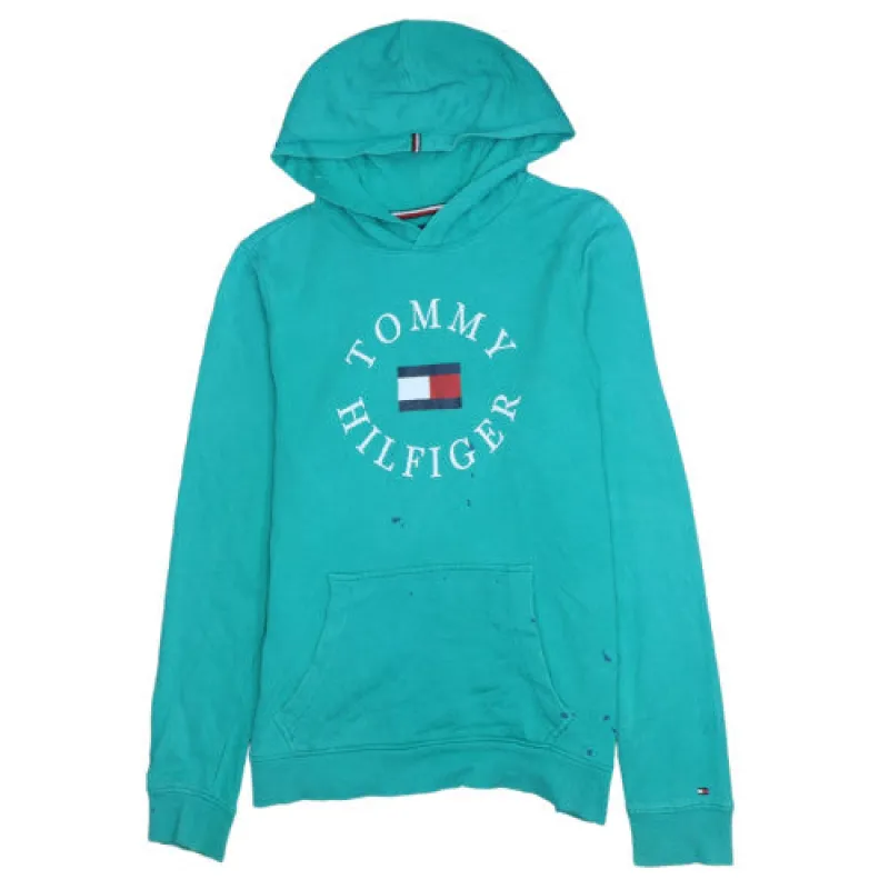 Tommy Hilfiger Turquoise Hoodie Men’s Small 176 Printed Crest Logo Kangaroo Pocket Pullover Sweatshirt made by Tommy Hilfiger
