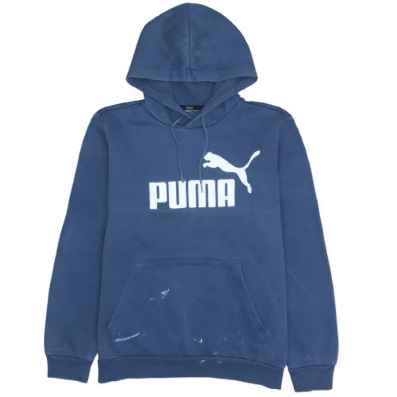 Puma Navy Blue Hoodie Men's Medium Printed Logo Kangaroo Pocket Pullover Sweatshirt sold by Vintage Club