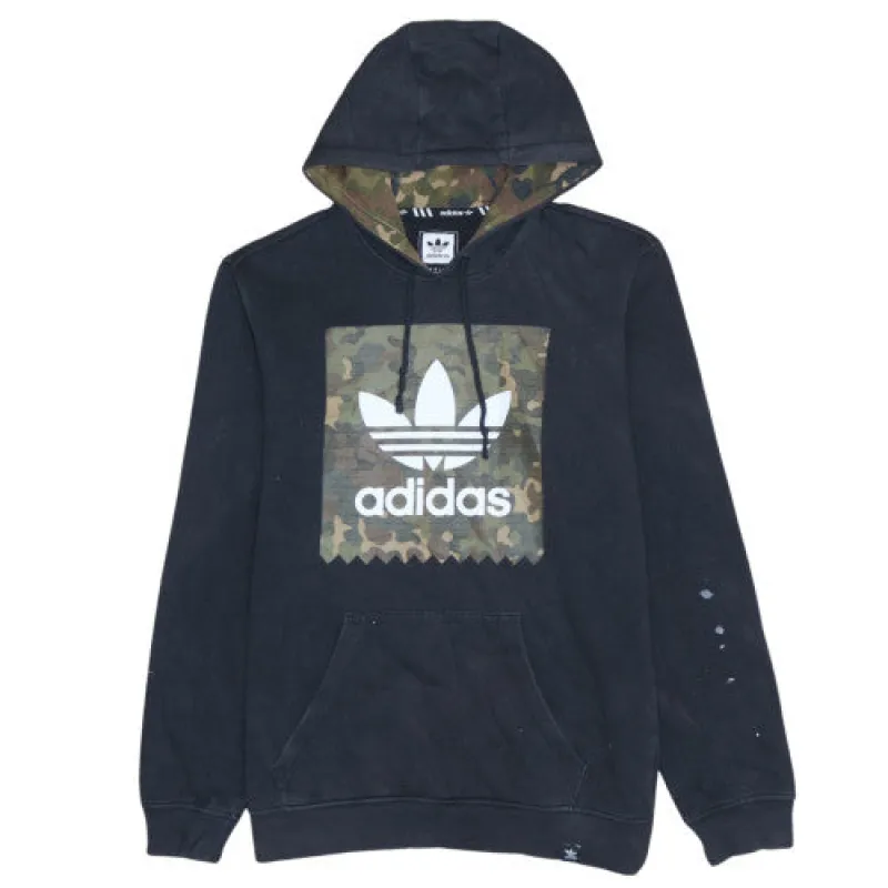 Adidas Black Hoodie Men's Small Camo Trefoil Printed Logo Kangaroo Pocket Pullover Sweatshirt made by Adidas