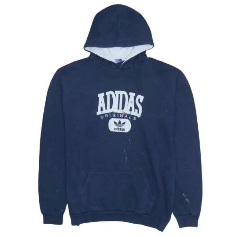 Adidas Navy Blue Hoodie Men's Large Originals Big Logo Kangaroo Pocket Pullover Sweatshirt sold by Vintage Club