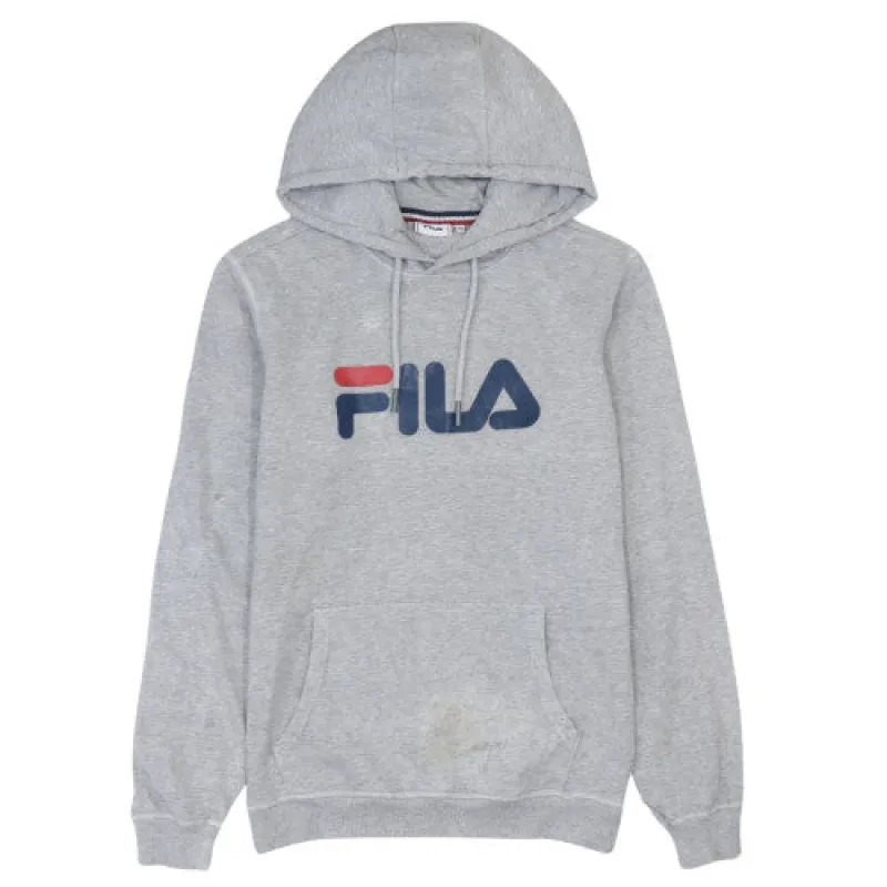 Fila Light Grey Hoodie Men's XSmall Printed Logo Kangaroo Pocket Pullover Sweatshirt sold by Vintage Club