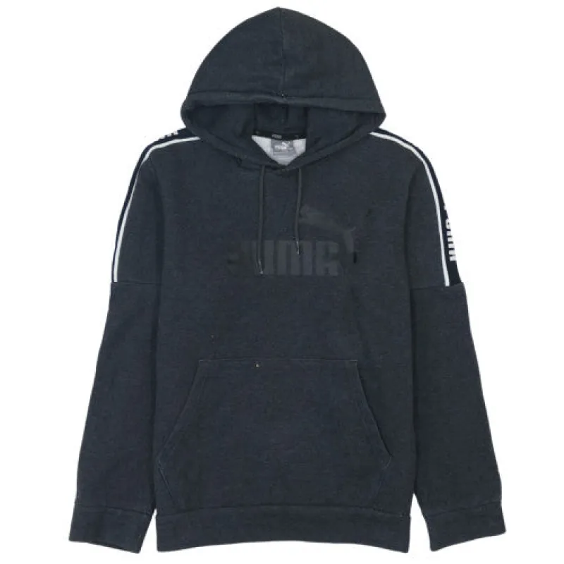Puma Dark Charcoal Hoodie Men's Small Printed Logo Tape Sleeves Kangaroo Pocket Sweatshirt made by Puma