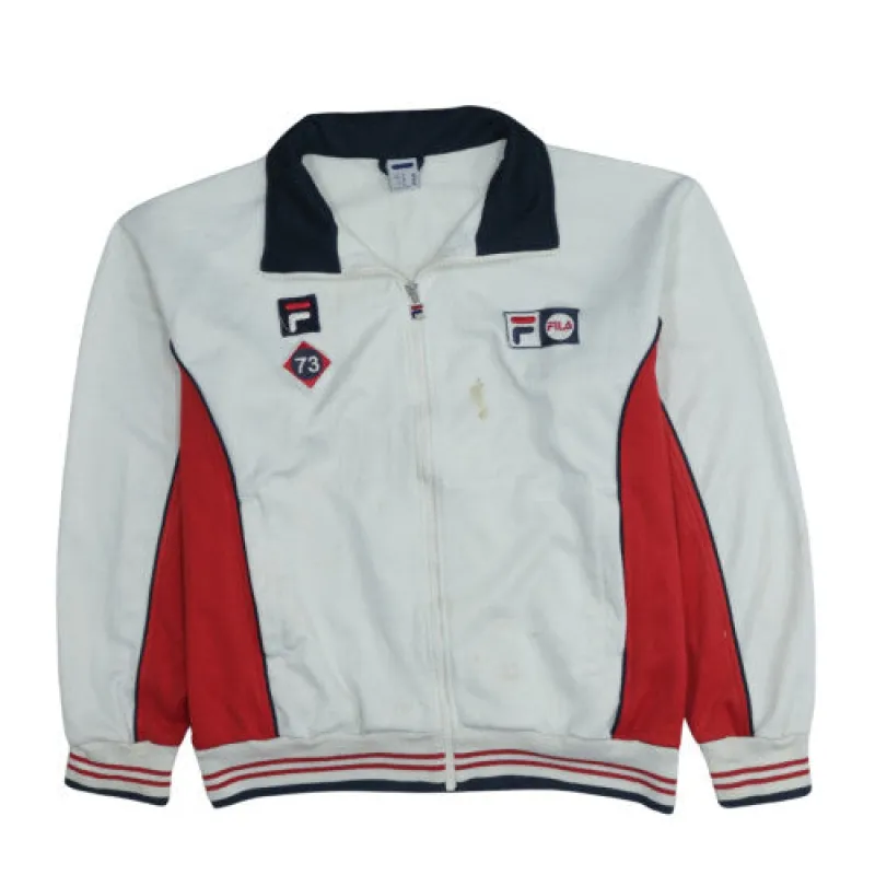Fila White Track Jacket Women’s XLarge Embroidered Logos Red Panels Zip Top Sweatshirt made by Fila
