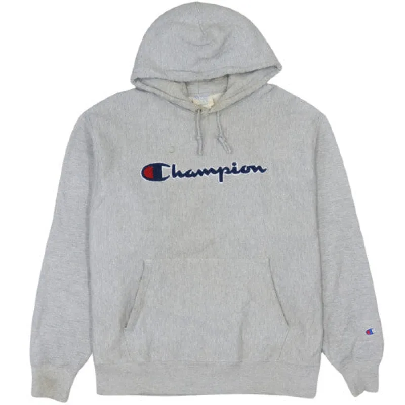 Champion Grey Hoodie Men’s XLarge Embroidered Script Logo Reverse Weave Kangaroo Pocket Sweatshirt sold by Vintage Club