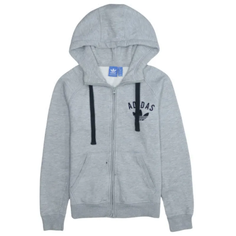 Adidas Light Grey Hoodie Women’s Large Zip Up Trefoil Printed Logo Kangaroo Pockets Sweatshirt sold by Vintage Club
