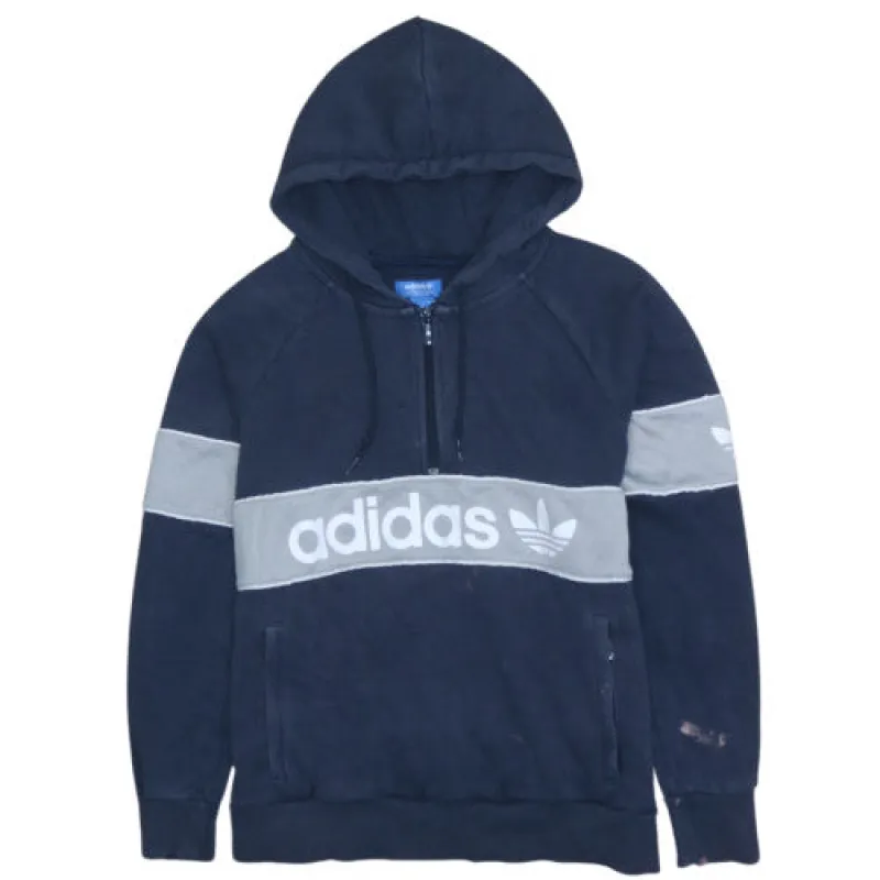 Adidas Navy Blue Hoodie Women’s Large Half Zip Big Logo Grey Panel Pullover Sweatshirt made by Adidas
