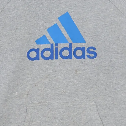 Adidas Grey Hoodie Men's Large Blue Printed Logo Kangaroo Pocket Pullover Sweatshirt sold by Vintage Club product image thumbnail 4