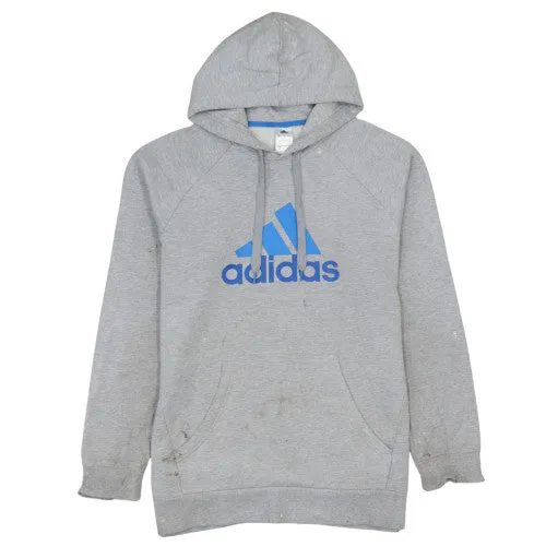 Adidas Grey Hoodie Men's Large Blue Printed Logo Kangaroo Pocket Pullover Sweatshirt sold by Vintage Club
