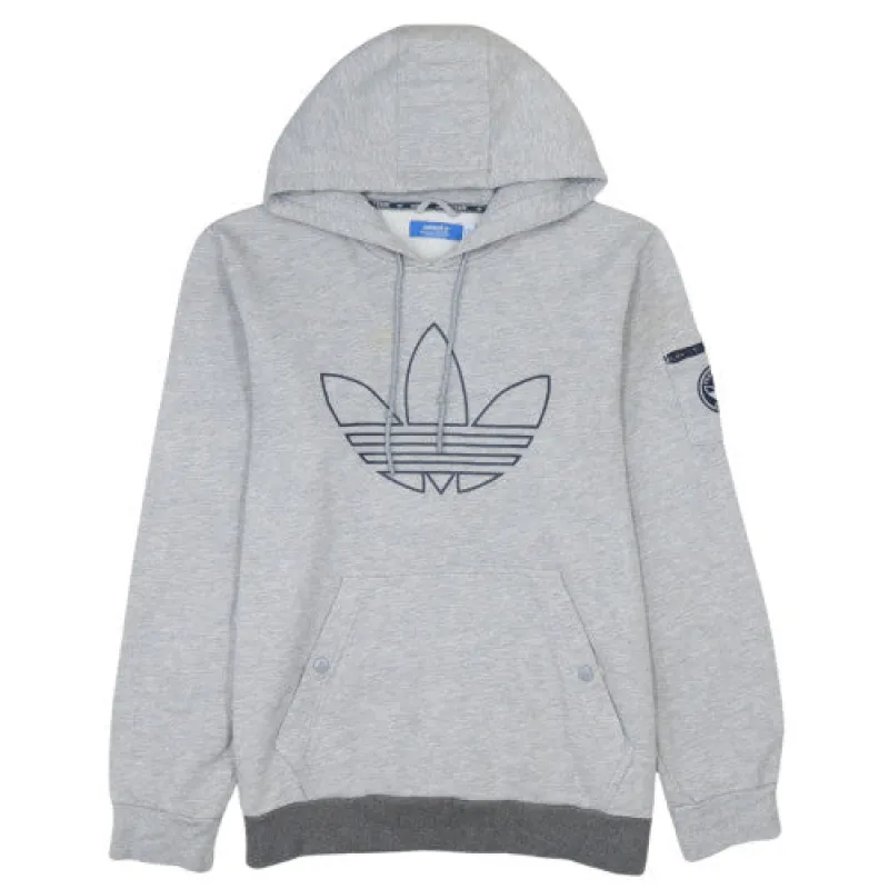 Adidas Grey Hoodie Men's Medium Trefoil Printed Logo Kangaroo Pocket Pullover Sweatshirt sold by Vintage Club