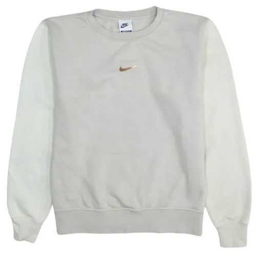 Nike Beige Cream Sweatshirt Men's XSmall Gold Printed Swoosh Loose Fit Pullover Jumper sold by Vintage Club