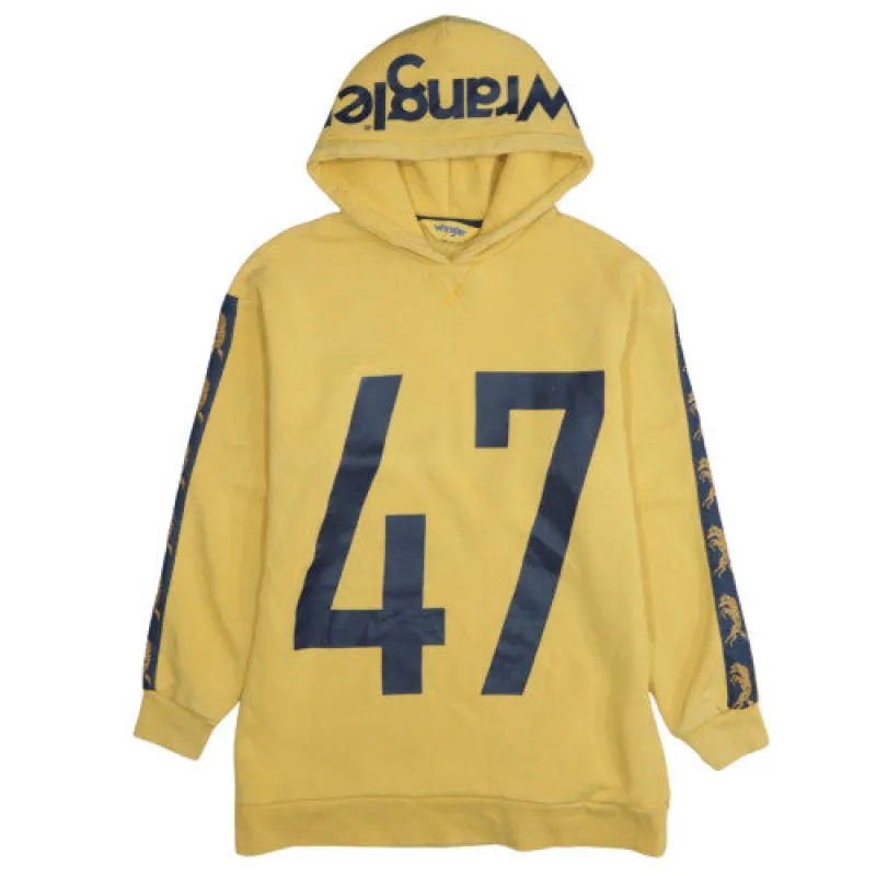 Wrangler Yellow Hoodie Men's Small Printed 47 Logo Branded Hood Tape Sleeve Pullover Sweatshirt sold by Vintage Club