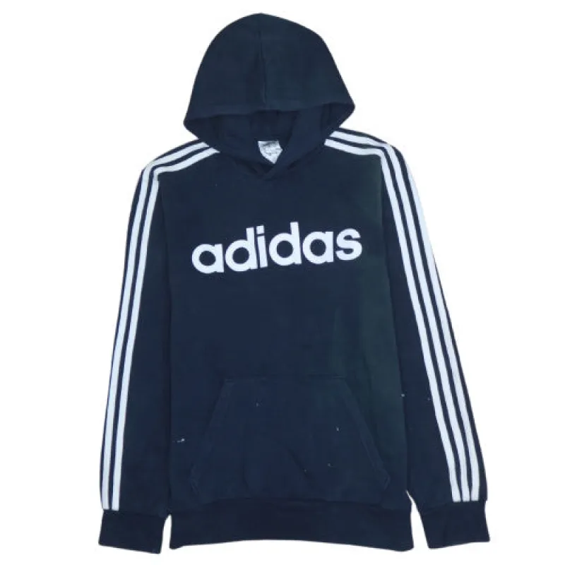 Adidas Navy Blue Hoodie Men's Small Printed Logo Three Stripe Sleeves Pullover Sweatshirt sold by Vintage Club