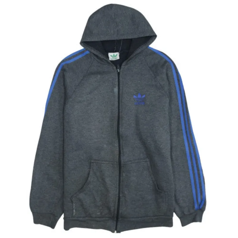 Adidas Dark Grey Hoodie Men's Large Full Zip Blue Three Stripe Embroidered Logo Top sold by Vintage Club