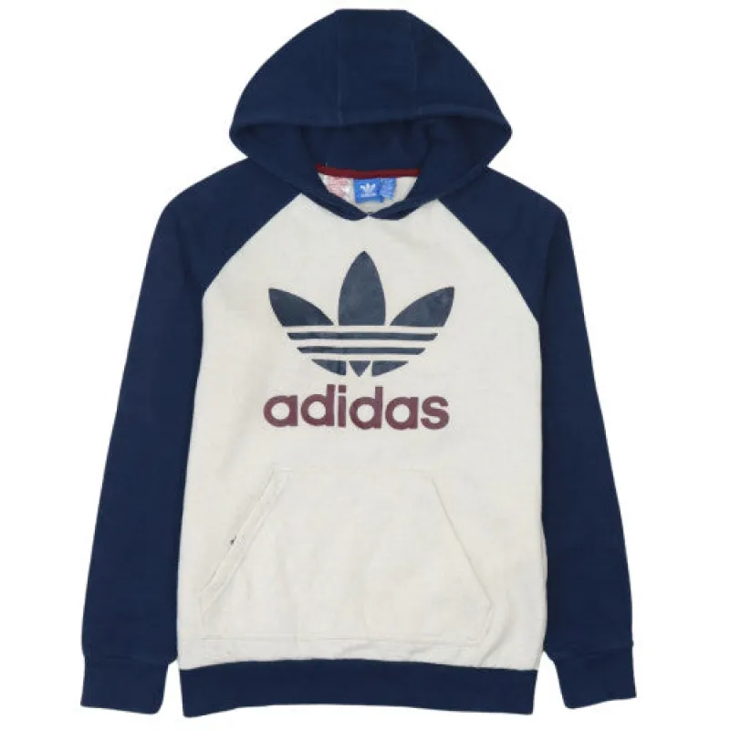Adidas Cream Navy Hoodie Women's Large Trefoil Printed Logo Raglan Sleeves Pullover Sweatshirt made by Adidas