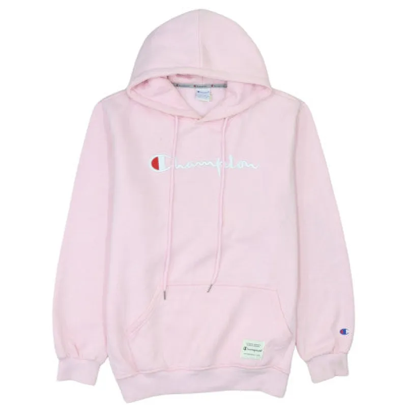 Champion Light Pink Hoodie Women’s Large Embroidered Script Logo Front Pocket Pullover Sweatshirt sold by Vintage Club