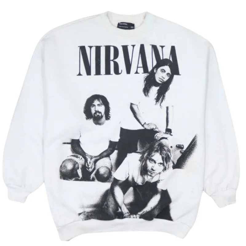 Bershka White Nirvana Band Graphic Crewneck Sweatshirt XS Fleece sold by Vintage Club