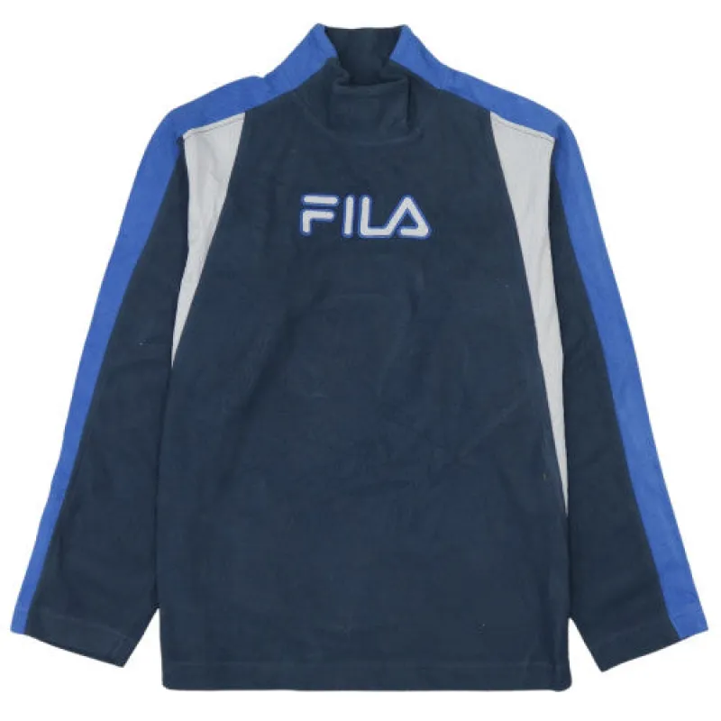 Fila Women's 90's Spellout Navy Turtle Neck Fleece Jumper L made by Fila