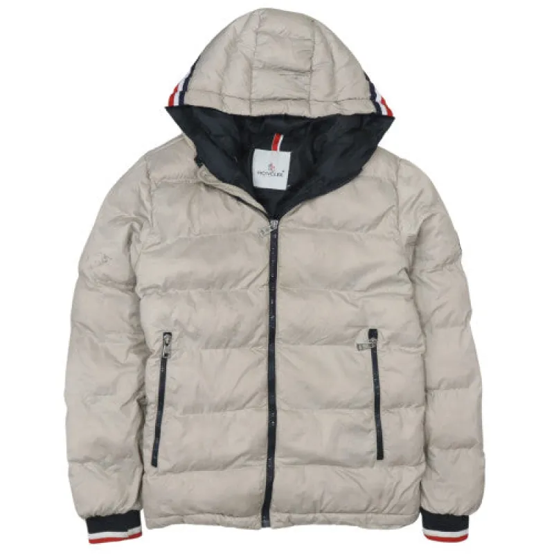 Moncler Beige Cream Puffer Jacket Women’s XLarge Hooded Zip Pockets Tricolour Trim Coat sold by Vintage Club