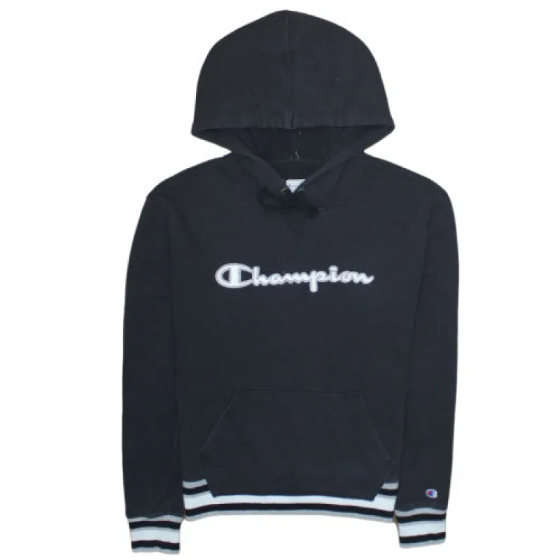 Champion Black Hoodie Men's Small Embroidered Script Logo Striped Hem Cuffs Pullover Sweatshirt sold by Vintage Club