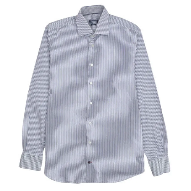 Tommy Hilfiger Blue Stripe Shirt Men's Medium Long Sleeve Button Front Logo Cuffs sold by Vintage Club