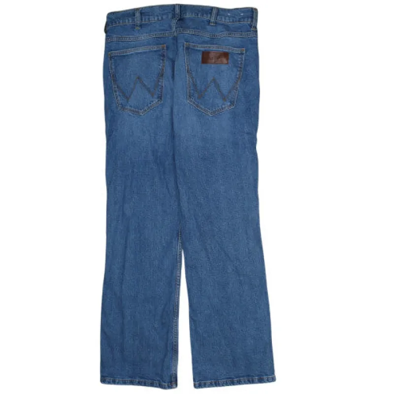 Wrangler Blue Denim Jeans Men's 38 Straight Leg Five Pocket Leather Patch Trousers sold by Vintage Club