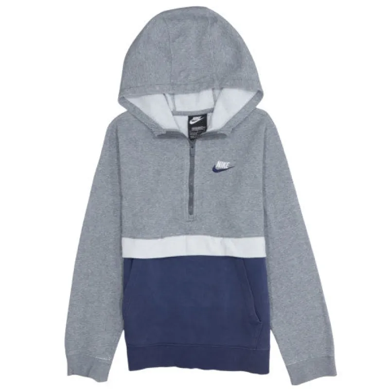 Nike Women's Hoodie Grey Blue Large Half Zip Embroidered Swoosh Kangaroo Pocket Sweatshirt made by Nike