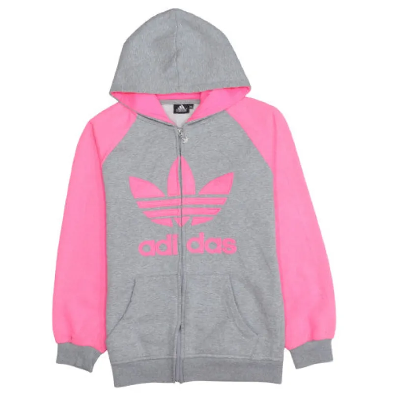 Adidas Women’s Hoodie Grey Pink XXLarge Full Zip Trefoil Printed Logo Sweatshirt Top sold by Vintage Club