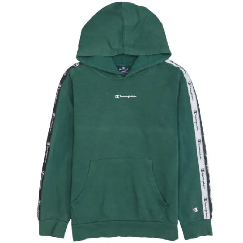 Champion Women's Hoodie Forest Green Large Embroidered Logo Taped Sleeves Kangaroo Pocket Sweatshirt made by Champion