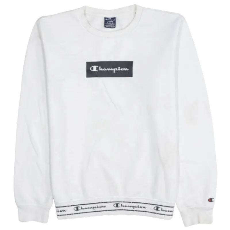 Champion Women's Sweatshirt White Large Box Logo Branded Hem Crewneck Pullover Top made by Champion