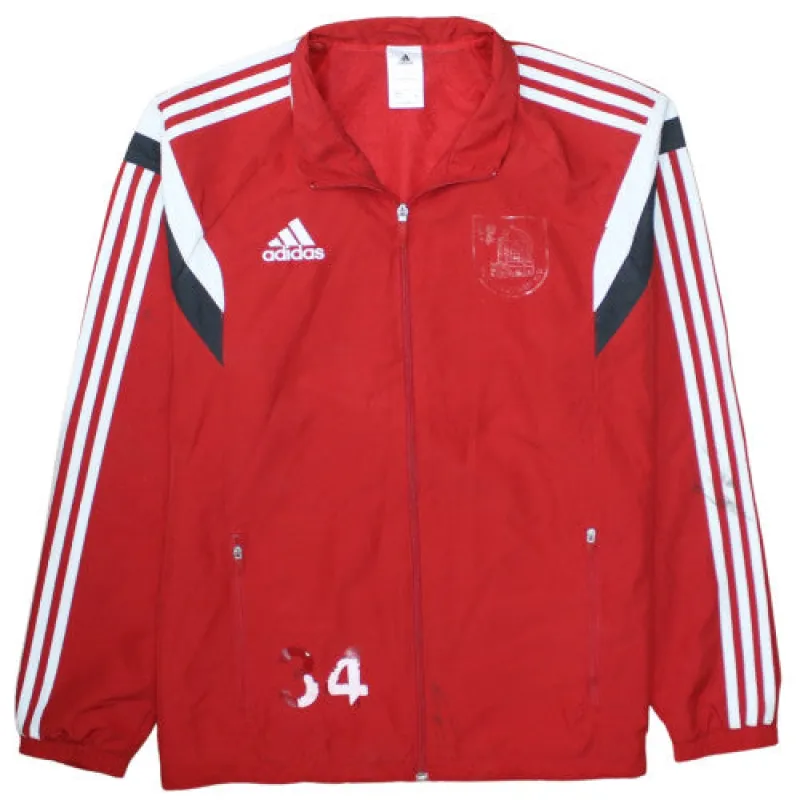 Adidas Red Windbreaker Jacket Women’s Large Three Stripe Sleeves Zip Pockets Printed Logo Track Top sold by Vintage Club