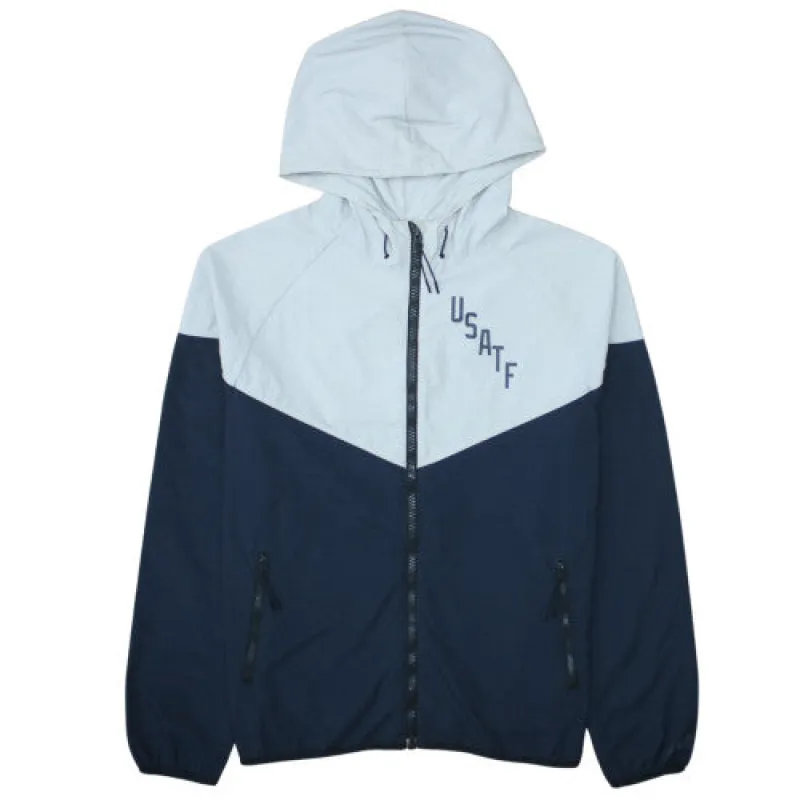 Nike Navy Blue Hooded Jacket Women’s XLarge USATF Printed Logo Zip Windbreaker made by Nike