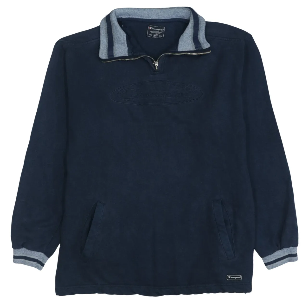 Vintage Champion 90's Navy Blue Spellout Quarter Zip Sweatshirt M sold by Vintage Club