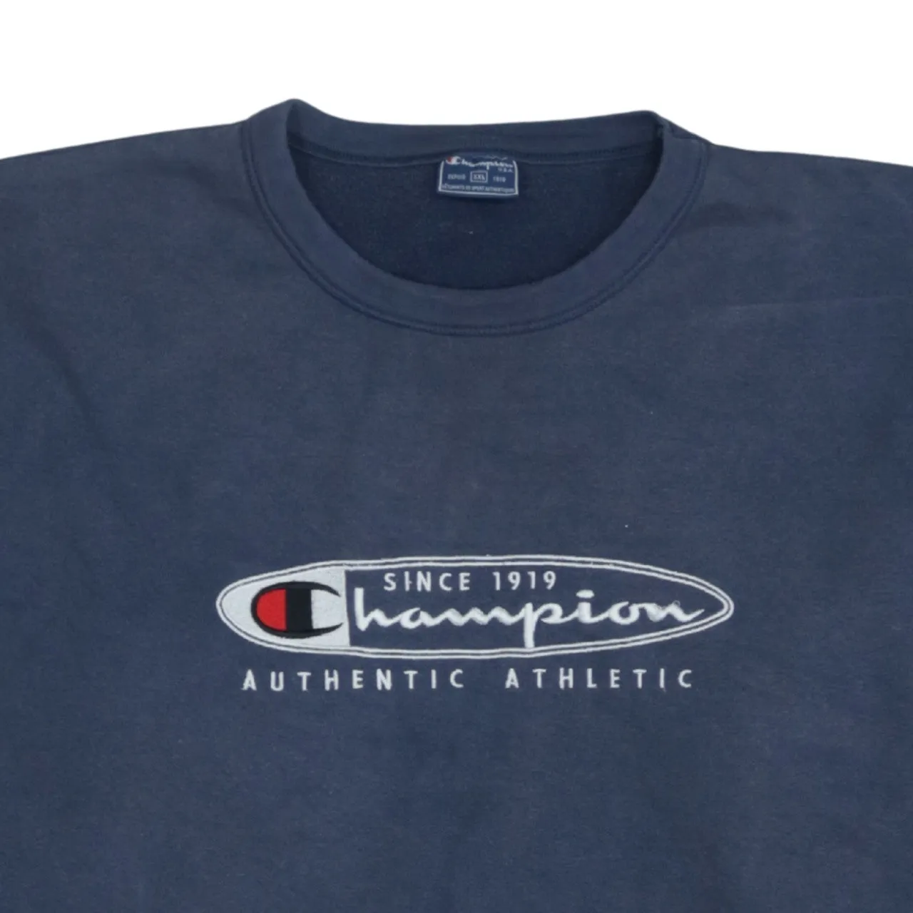 Champion Navy Blue 90s Crew Neck Sweatshirt 2XL Spellout Cotton Top sold by Vintage Club product image thumbnail 3