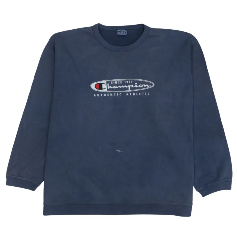 Champion Navy Blue 90s Crew Neck Sweatshirt 2XL Spellout Cotton Top sold by Vintage Club