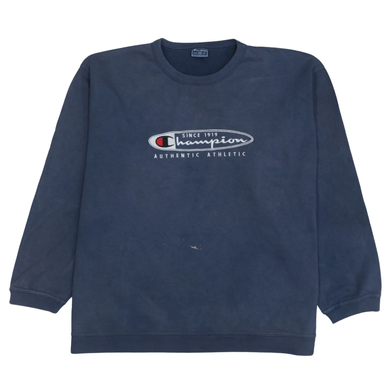 Champion Navy Blue 90s Crew Neck Sweatshirt 2XL Spellout Cotton Top sold by Vintage Club