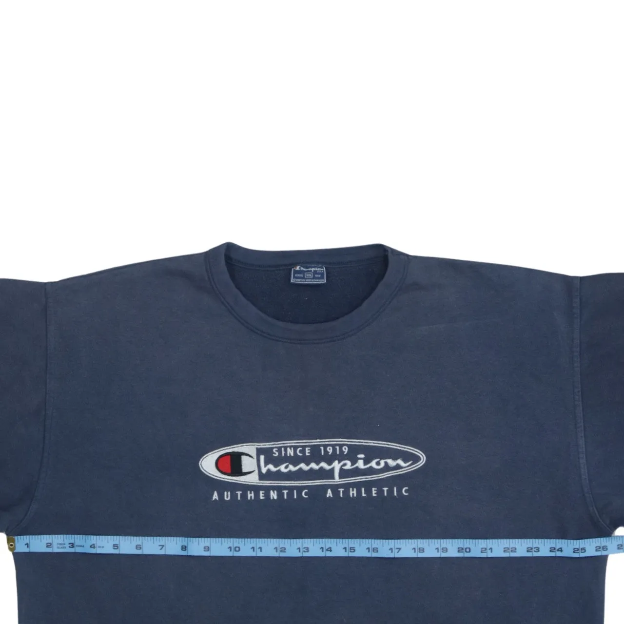 Champion Navy Blue 90s Crew Neck Sweatshirt 2XL Spellout Cotton Top sold by Vintage Club product image thumbnail 5