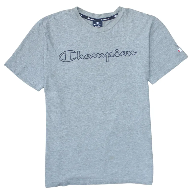 Champion Grey T-Shirt Men's Medium Script Printed Logo Short Sleeve Casual Tee sold by Vintage Club