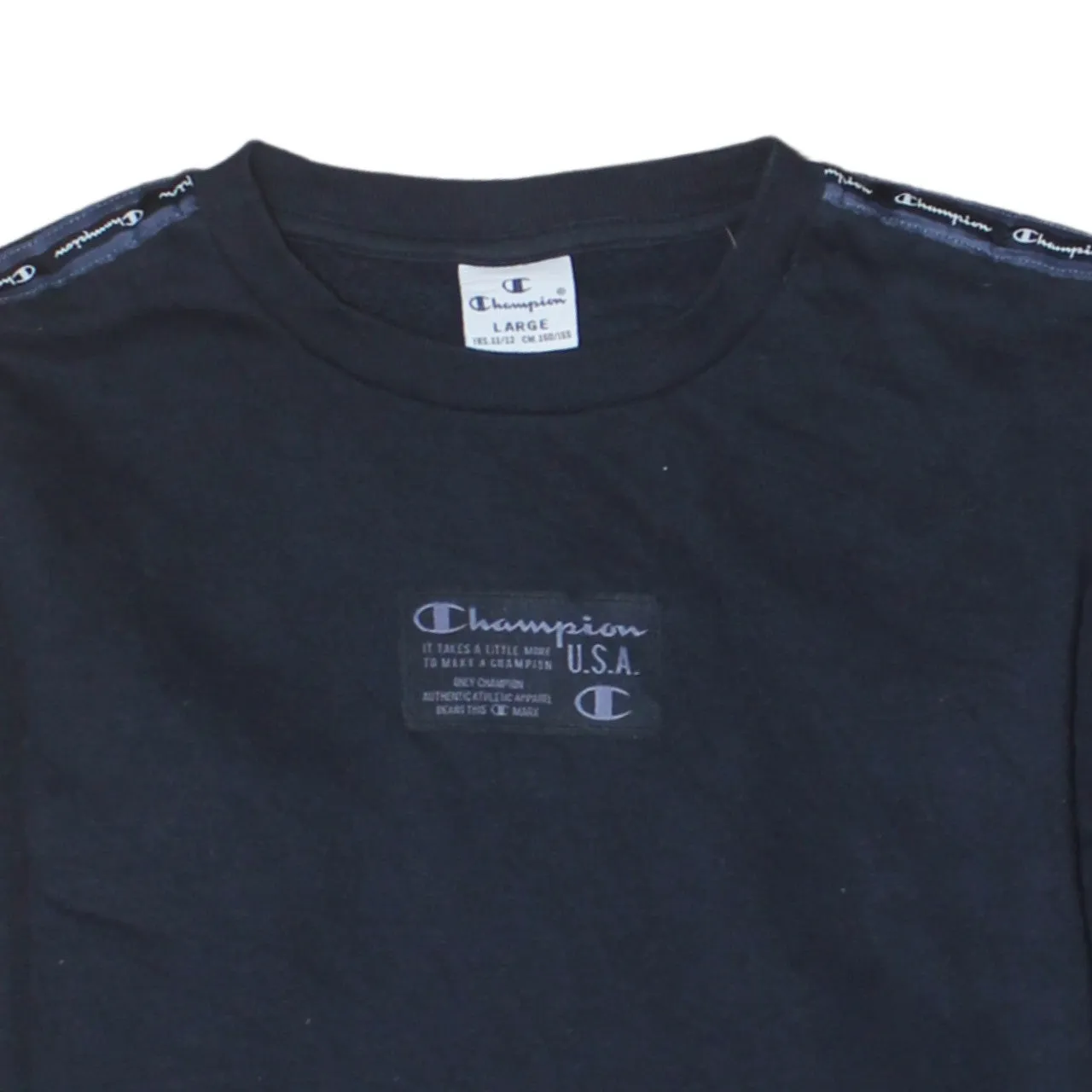 Champion Navy Blue Sweatshirt Women’s Large Tape Logo Sleeves Chest Patch Pullover Top sold by Vintage Club product image thumbnail 3