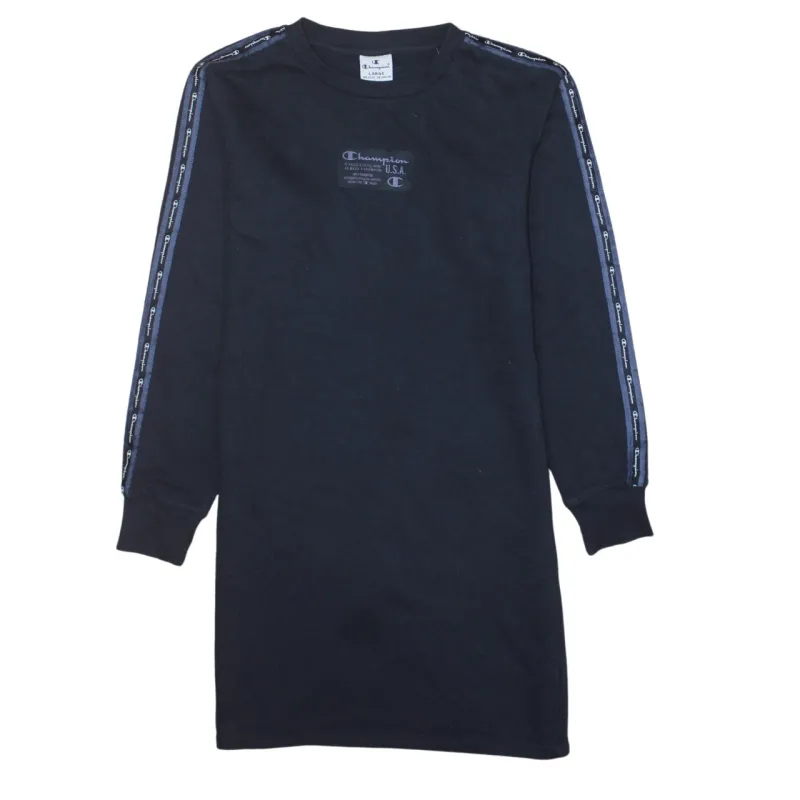 Champion Navy Blue Sweatshirt Women’s Large Tape Logo Sleeves Chest Patch Pullover Top made by Champion