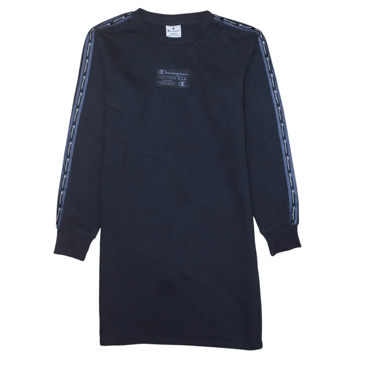 Champion Navy Blue Sweatshirt Women’s Large Tape Logo Sleeves Chest Patch Pullover Top sold by Vintage Club