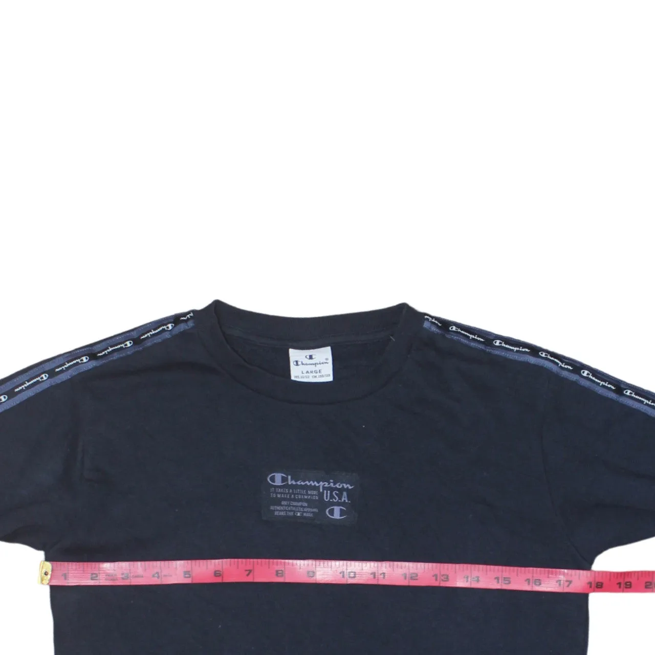 Champion Navy Blue Sweatshirt Women’s Large Tape Logo Sleeves Chest Patch Pullover Top sold by Vintage Club product image thumbnail 5