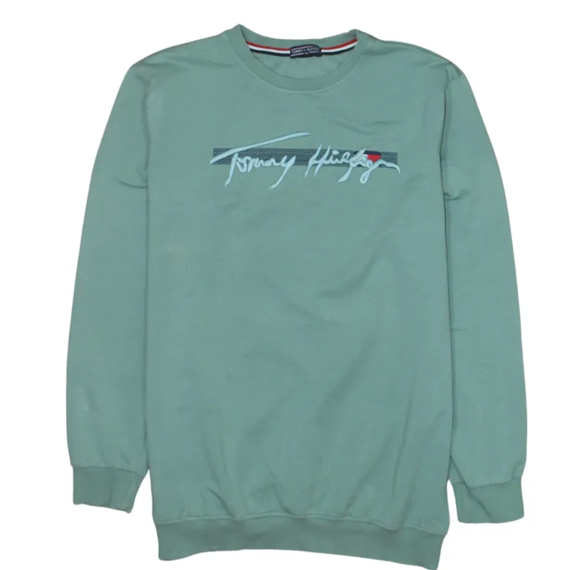 Tommy Hilfiger Sage Green Sweatshirt Women’s XLarge Embroidered Script Logo Crewneck Pullover Top sold by Vintage Club