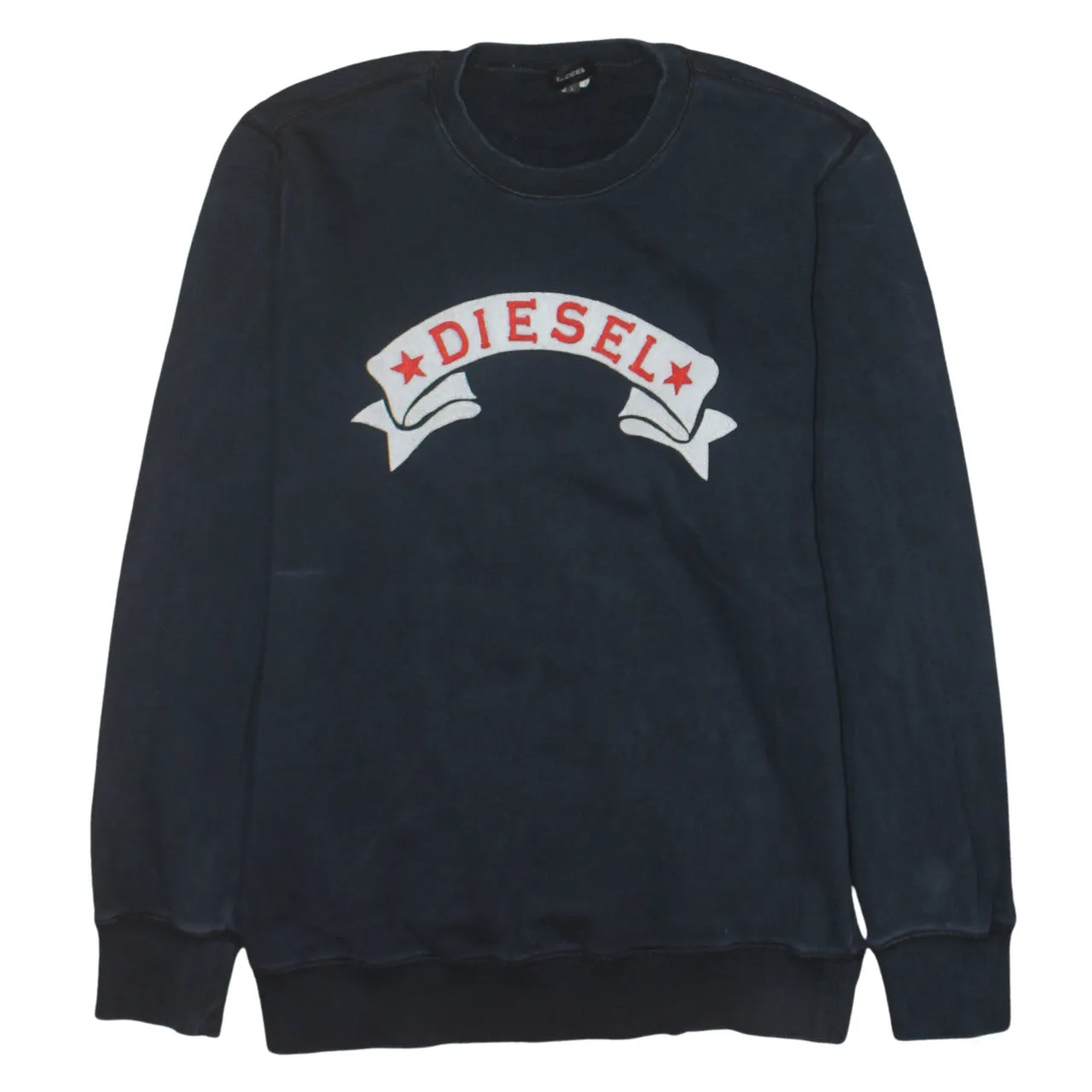 Diesel Navy Sweatshirt Men's Large Printed Banner Logo Crewneck Pullover Fleece Top sold by Vintage Club