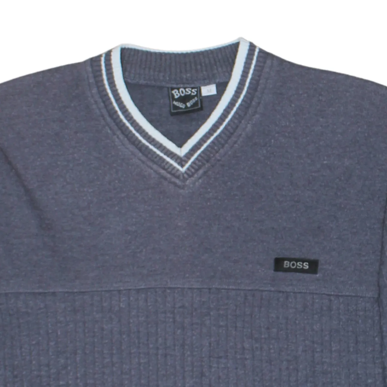 Hugo Boss Grey V Neck Jumper Men's Medium Ribbed Knit Embroidered Chest Logo Sweater sold by Vintage Club product image thumbnail 3