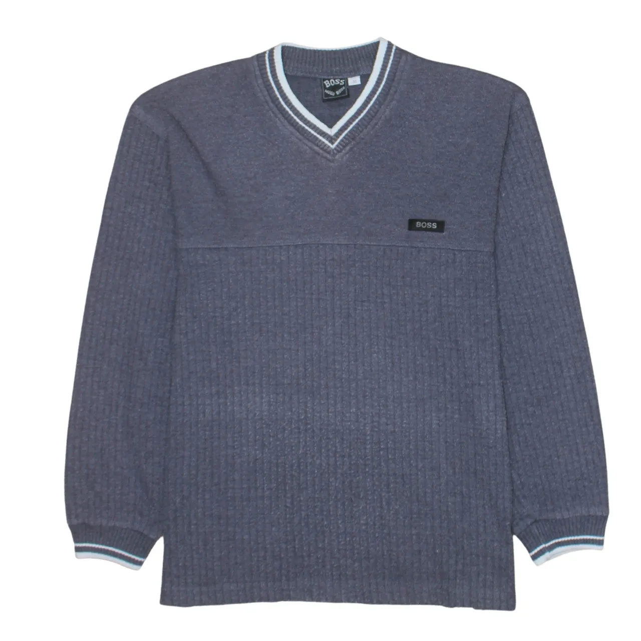 Hugo Boss Grey V Neck Jumper Men's Medium Ribbed Knit Embroidered Chest Logo Sweater sold by Vintage Club