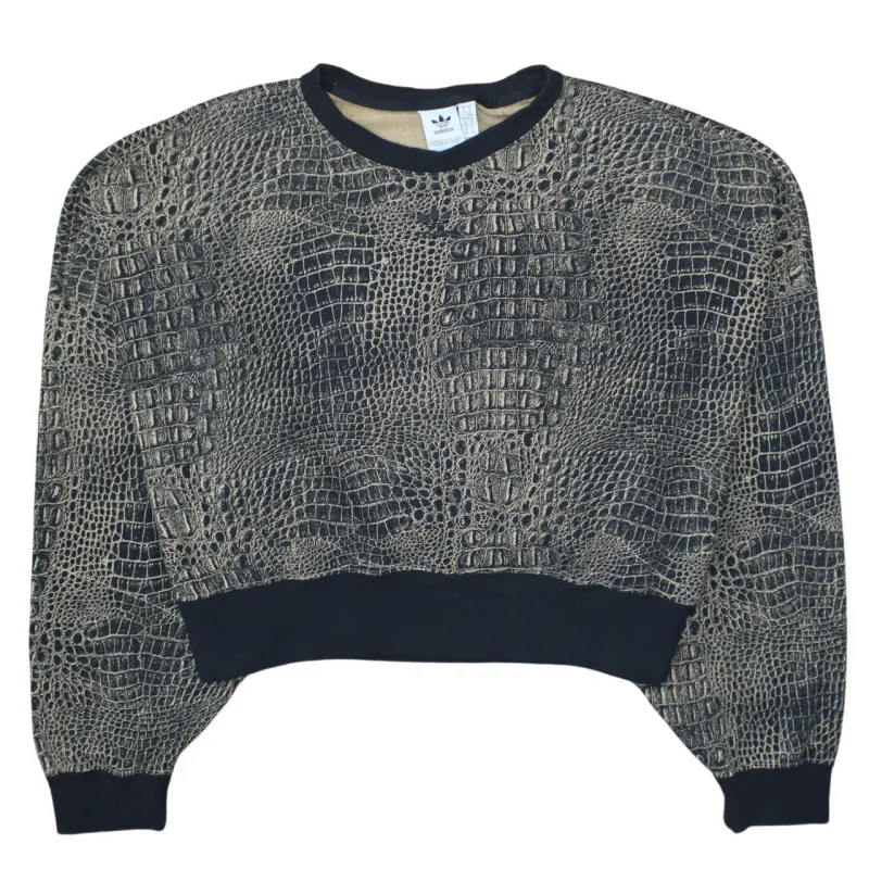 Adidas Black Animal Print Sweatshirt Women's Medium Cropped Crewneck Ribbed Hem Pullover Top sold by Vintage Club