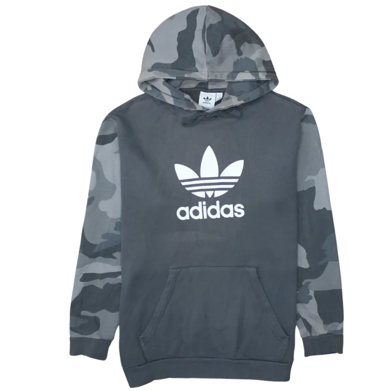 Adidas Grey Camo Hoodie Men's XLarge Printed Trefoil Logo Front Pocket Pullover Sweatshirt made by Adidas