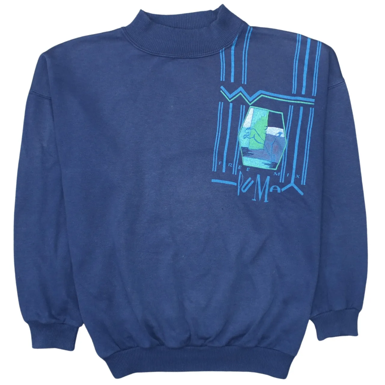 Puma Navy Blue Sweatshirt Men's Medium Printed Chest Graphic Ribbed Hem Crewneck Pullover sold by Vintage Club