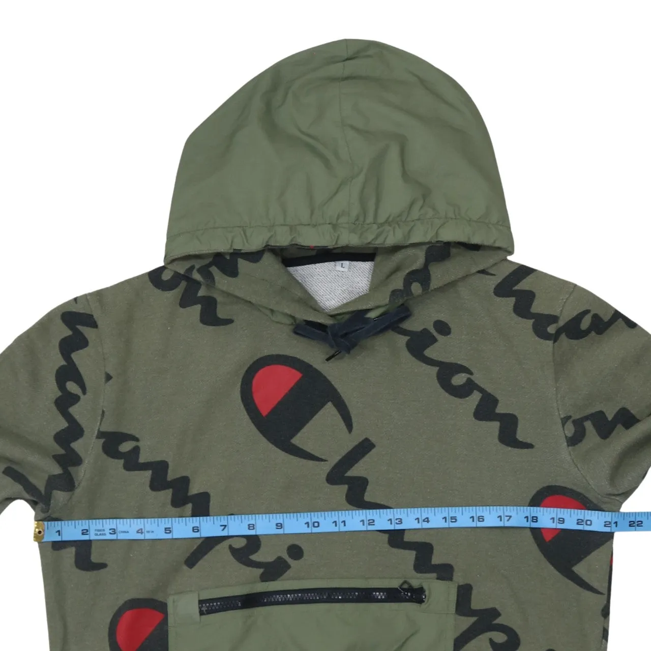Champion Olive Green Hoodie Women's Large All Over Logo Nylon Zip Pocket Pullover Sweatshirt sold by Vintage Club product image thumbnail 5